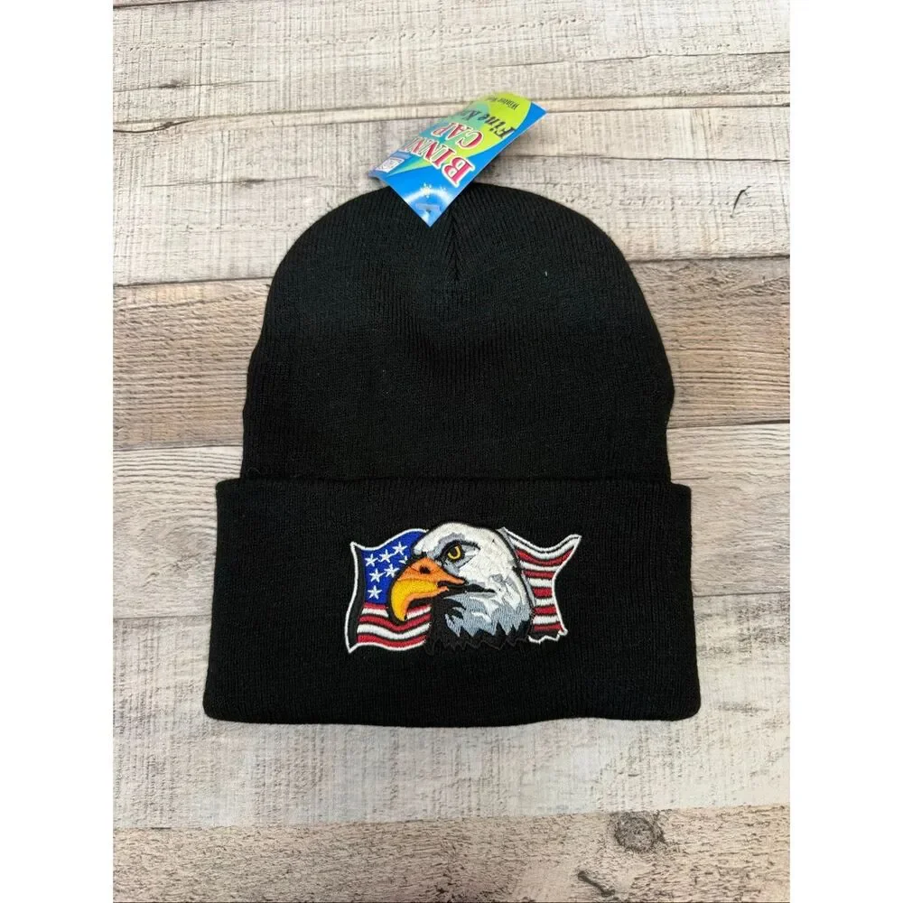 USA Flag Eagle Beanie Washable Adult Black Knit 100% Acrylic Ski Snow Outdoors